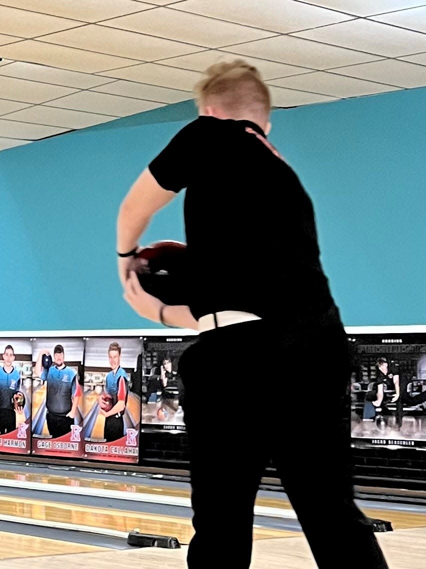 Marion Harding's Jayden Combs makes an approach during a boys bowling match with River Valley at Cooper's Bowl earlier this season.