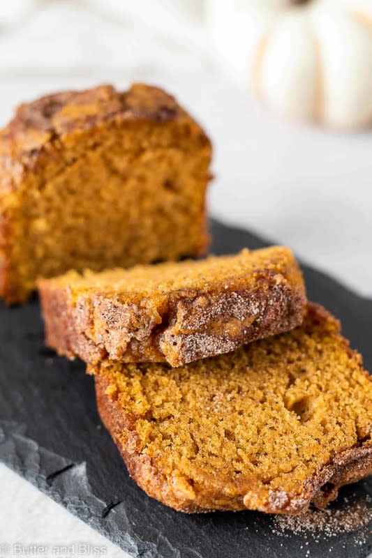 <p>Butter and Bliss</p><p>This small batch cinnamon swirl pumpkin bread is an easy recipe that makes four individual loaves, or two mini loaves that are tender, moist and full of all the fall flavors. </p><p><strong>Get the recipe: <em><a href="https://butterandbliss.net/cinnamon-swirl-pumpkin-bread-minis/" rel="nofollow noopener" target="_blank" data-ylk="slk:Small Batch Cinnamon Swirl Pumpkin Bread;elm:context_link;itc:0;sec:content-canvas" class="link ">Small Batch Cinnamon Swirl Pumpkin Bread</a></em></strong></p>