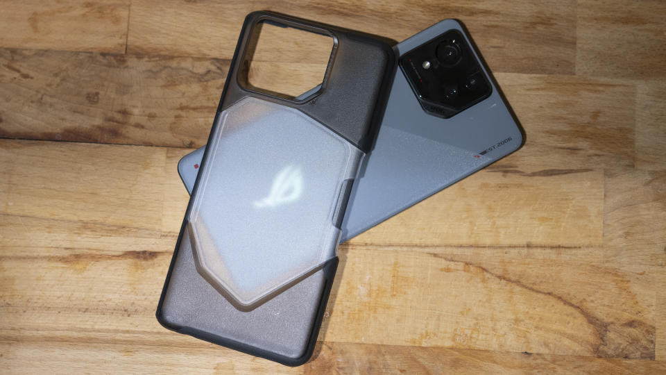 A silver ASUS ROG Phone 8 sitting on a table