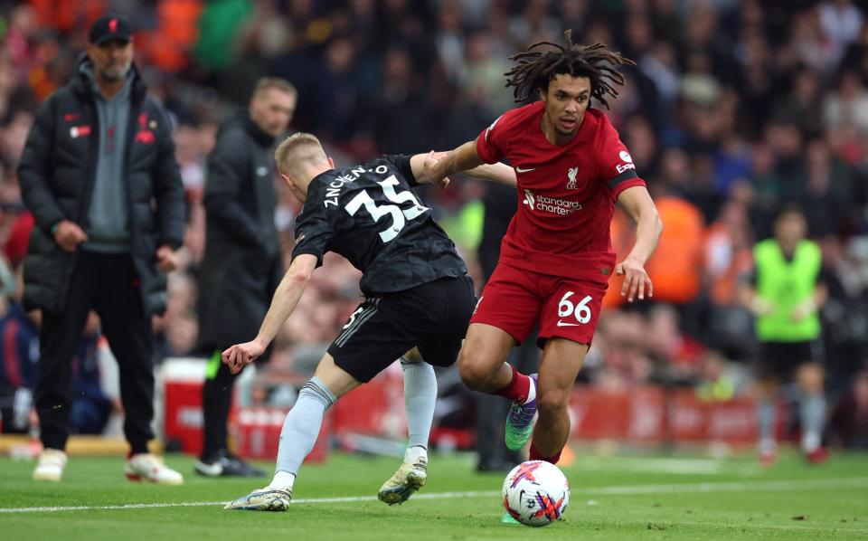 Liverpool's Trent Alexander-Arnold in action with Arsenal's Oleksandr Zinchenko