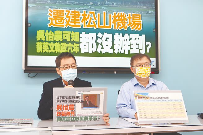 立法院國民黨團9日舉行「遷建松山機場，吳怡農可知蔡英文執政六年都沒辦到」記者會，立委費鴻泰（左）批吳怡農在抄襲綠營前輩的政見時，要不要先問問蔡總統跟AIT？（杜宜諳攝）