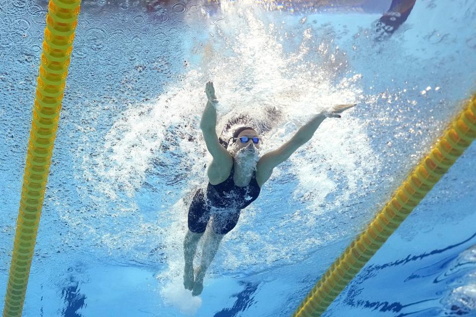 Summer McIntosh, of Canada, competes in a women's 200-meter butterfly semifinal at the World Swimming Championships in Fukuoka, Japan, Wednesday, July 26, 2023. (AP Photo/David J. Phillip)