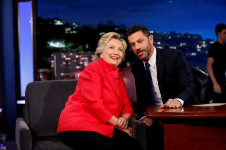 Democratic presidential nominee Hillary Clinton tapes an appearance on the Jimmy Kimmel Show in Los Angeles, California, August 22, 2016. REUTERS/Aaron P. Bernstein