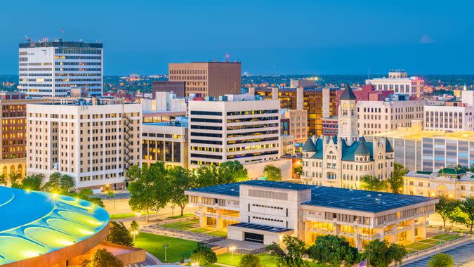 Wichita, Kansas, USA downtown skyline at dusk.