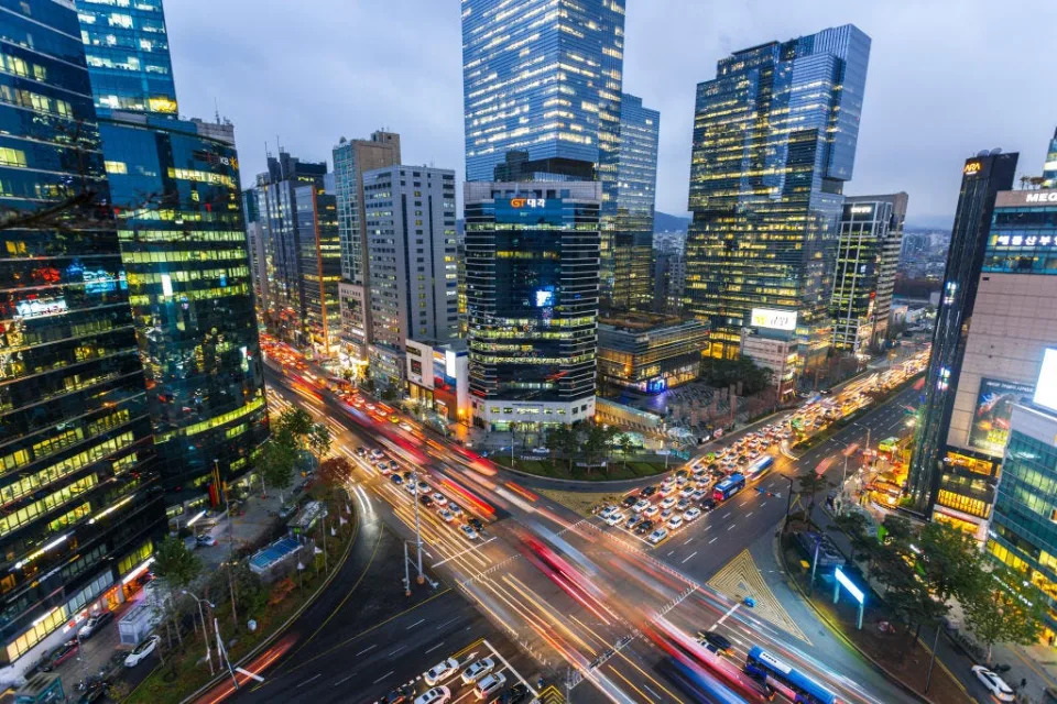 View over busy Gangnam district at dusk. Seoul. South Korea.