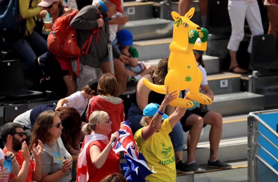 Australian fans soak up the atmosphere at the beach volleyball event at Smithfield (Bradley Collyer/PA) (PA Wire)