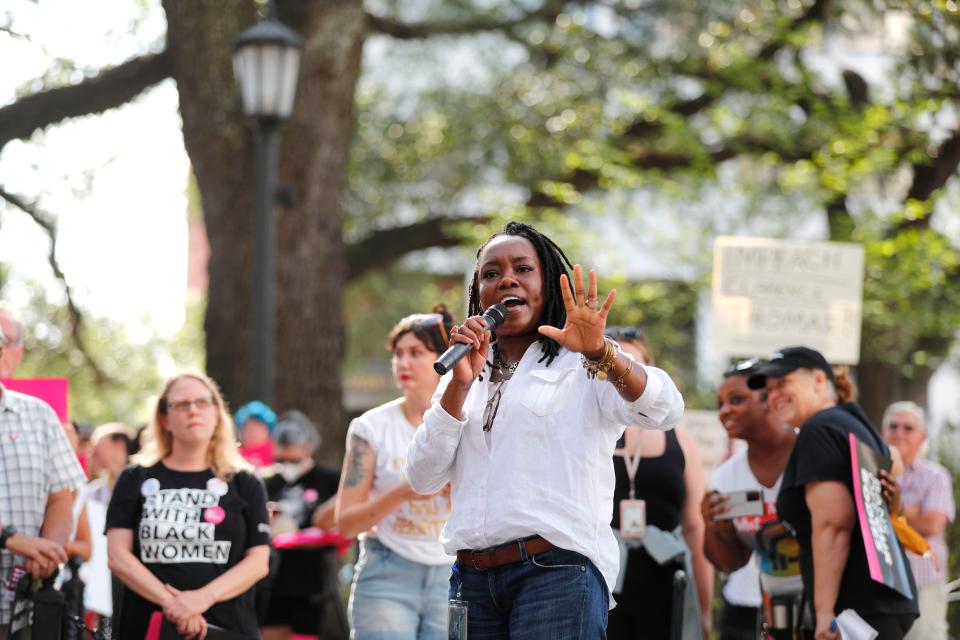 Chatham County District Attorney Shalena Cook Jones speaks Friday June 24, 2022 during an abortion rights rally at Johnson Square in Savannah, Georgia. 