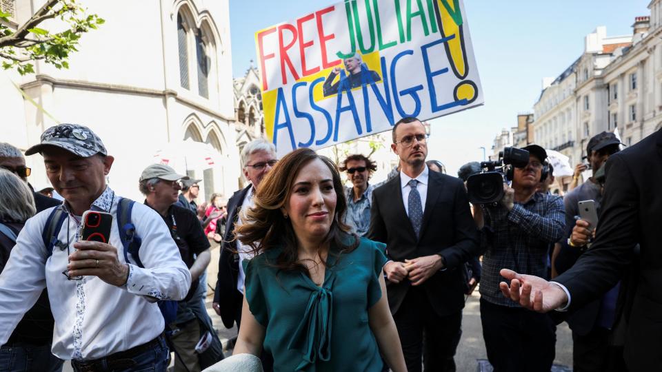 Stella Assange, wife of the WikiLeaks founder Julian Assange, walks outside of the High Court, after the ruling