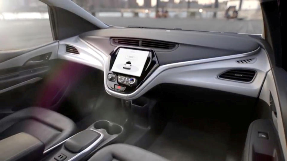 GM’s planned Cruise AV driverless car features no steering wheel or pedals in a still image from video released January 12, 2018. General Motors/Handout via REUTERS