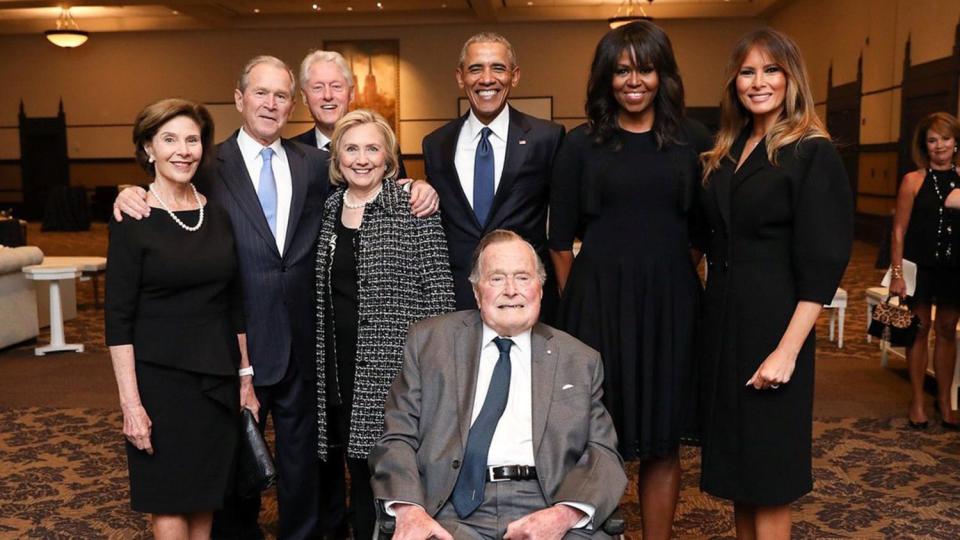 Photo of former U.S. Presidents and first ladies posing with Melania Trump at Barbara Bush's funeral