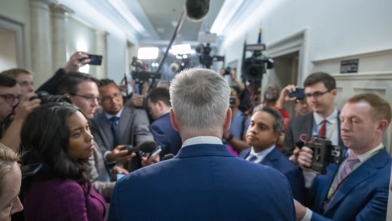 Former House Speaker Kevin McCarthy of Calif., speaks with reporters as he arrives as Republicans meet to decide who to nominate to be the new House speaker, on Capitol Hill in Washington, Tuesday, Oct. 24, 2023. 