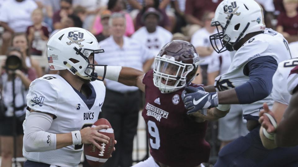 Mississippi State’s Montez Sweat (9) leads the SEC in sacks. (AP Photo/Jim Lytle)