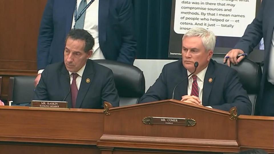 PHOTO: Rep. Jamie Raskin, D-Md., left, and Rep. James Comer, R-Ky., listen at a hearing for the House Committee on Oversight and Accountability, May 16, 2024, in Washington. (POOL/ABC News)