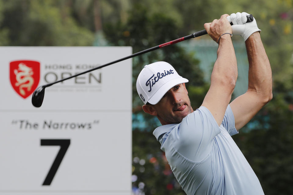 Wade Ormsby of Australia tees off on the 7th hole during the Hong Kong Open golf tournament at Fanling Golf Club in Hong Kong, Thursday, Jan. 9, 2020. (AP Photo/Andy Wong)