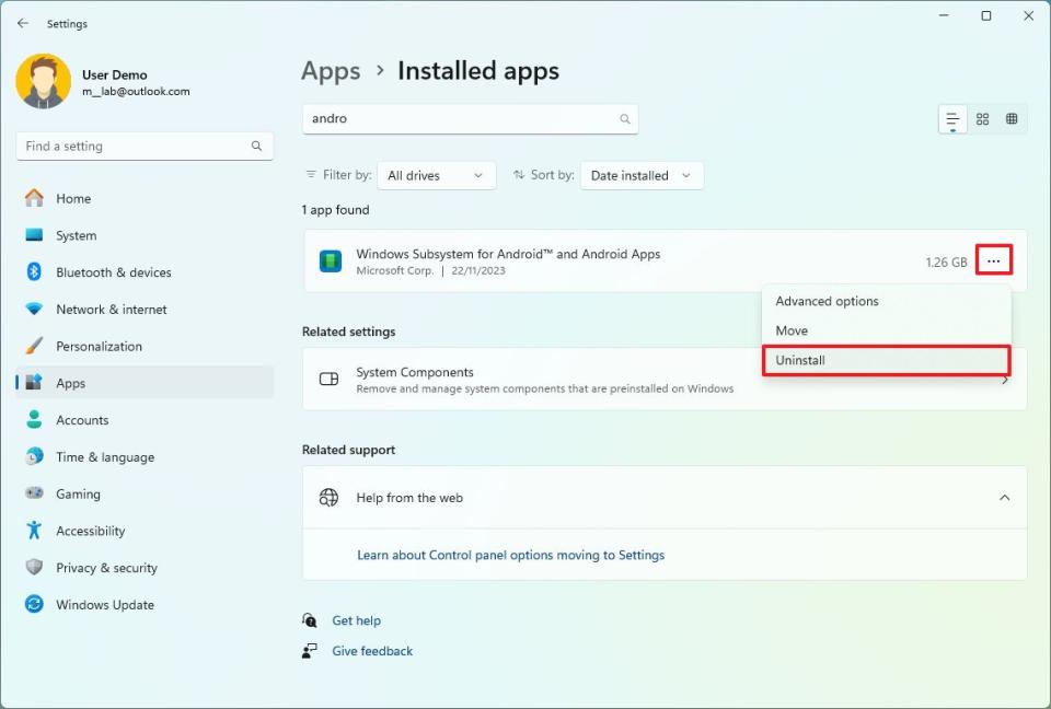 Uninstall Windows Subsystem for Android