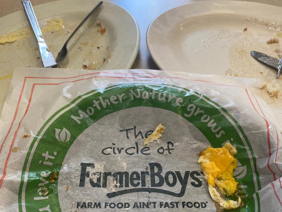 Empty Farmer Boys breakfast plates.