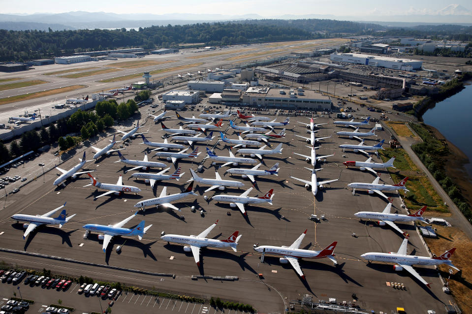 FILE PHOTO: Grounded Boeing 737 MAX aircraft are seen parked at Boeing Field in Seattle