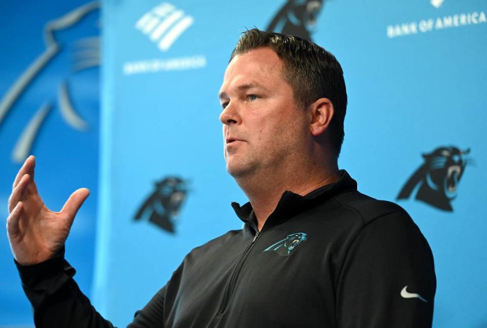 Carolina Panthers general manager Scott Fitterer responds to a question from the media on Monday, January 9, 2023 at Bank of America Stadium in Charlotte, NC. Fitterer has begun his search for Carolina’s next head coach. Along with owner David Tepper, he will be the main decision-maker.