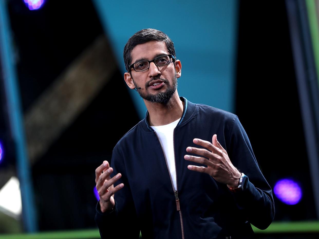 Google CEO Sundar Pichai speaks during Google I/O 2016 at Shoreline Amphitheatre on May 19, 2016 in Mountain View, California. The annual Google I/O conference is runs through May 20.