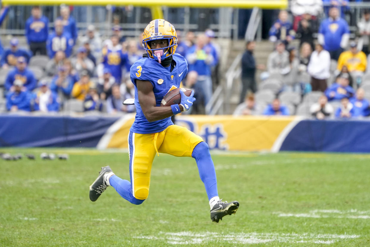 Pittsburgh wide receiver Jordan Addison (3) plays against Miami during an NCAA college football game, Saturday, Oct. 30, 2021, in Pittsburgh. (AP Photo/Keith Srakocic)