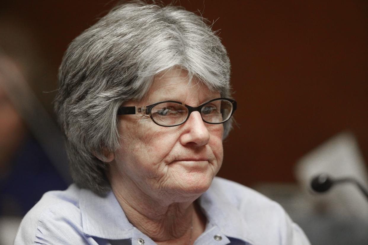 Patricia Krenwinkel listens to the ruling denying her parole, at a hearing at the California Institution for Women in Corona, Calif., in January 2011.