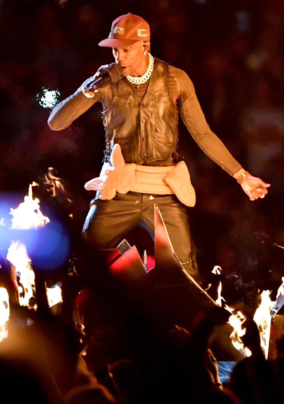 Travis Scott performs during the Pepsi Super Bowl LIII Halftime Show at Mercedes-Benz Stadium