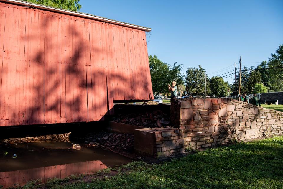 South Perkasie Covered Bridge in Perkasie remains standing, on Thursday, September 2, 2021, after being knocked off its abutments during Tropical Depression Ida which caused flash flooding throughout the area on Wednesday.