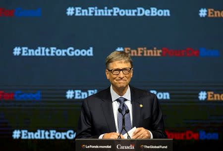 Bill Gates, co-founder of the Bill & Melinda Gates Foundation, makes closing remarks to the Fifth Replenishment Conference of the Global Fund to Fight AIDS, Tuberculosis, and Malaria in Montreal, Quebec, Canada September 17, 2016. REUTERS/Christinne Muschi