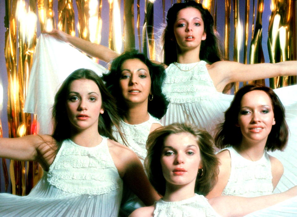 Top Of The Pops dance group Pan's People, group portrait, studio, 6th January 1976. (Photo by Michael Putland/Getty Images)