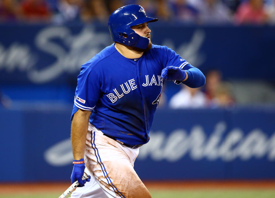 TORONTO, ON - AUGUST 17:  Rowdy Tellez #44 of the Toronto Blue Jays grounds out in the fifth inning during a MLB game against the Seattle Mariners at Rogers Centre on August 17, 2019 in Toronto, Canada.  (Photo by Vaughn Ridley/Getty Images)