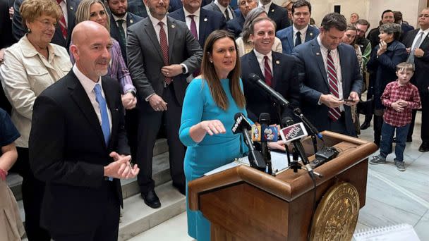 PHOTO: Arkansas Gov. Sarah Huckabee Sanders answers reporters' questions at a news conference at the state Capitol in Little Rock, Ark., Feb. 8, 2023, about an education reform bill she's proposing. (Andrew Demillo/AP)