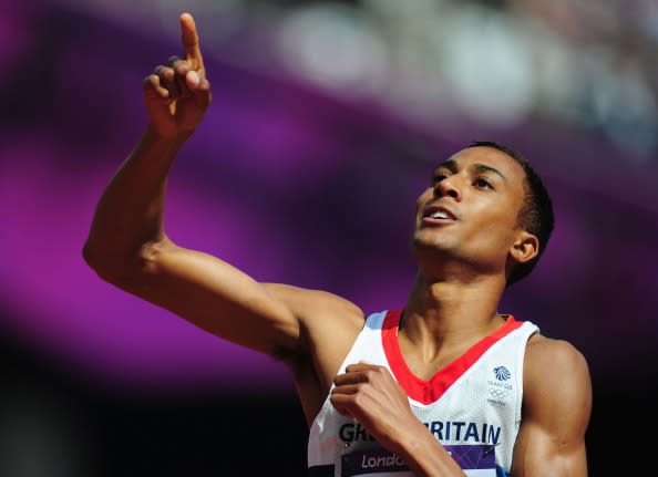 LONDON, ENGLAND - AUGUST 06: Andrew Osagie of Great Britain reacts after he competes in the Men's 800m heat on Day 10 of the London 2012 Olympic Games at the Olympic Stadium on August 6, 2012 in London, England. (Photo by Stu Forster/Getty Images)