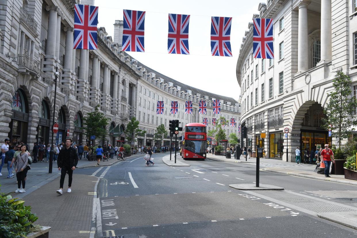 LONDON, ENGLAND - JUNE 04: A view of Regent Street during the Jermyn Street Fete being held for the Queen's Platinum Jubilee, on June 4, 2022 in London, England. (Photo by Nicky J Sims/Getty Images for The Crown Estate)