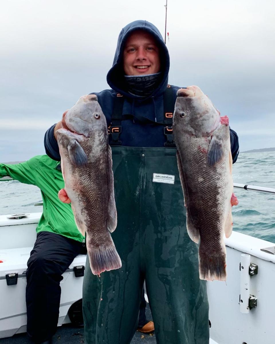 Bobby Bisset of Narragansett with tautog he caught while fishing on a Frances Fleet boat out of Point Judith in October 2020.