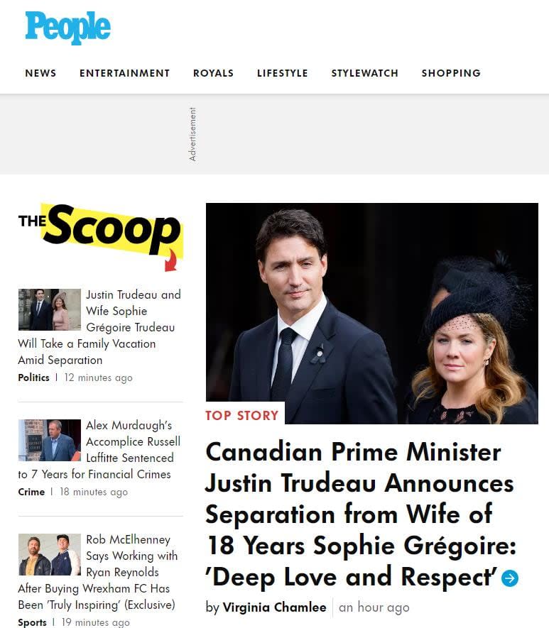 This screen shot of People Magazine's website shows the seperation of Prime Minister Justin Trudeau and his wife, Sophie Grégoire Trudeau, displayed as its top story.