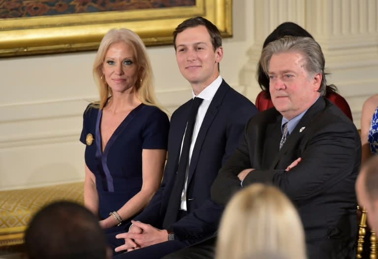 President Donald Trump has moved to reduce tensions between supporters of his Senior Advisor Jared Kushner (C) and chief strategist Steve Bannon