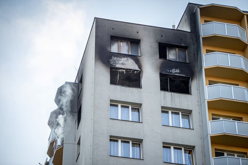 An apartment building is seen after a fire broke out in Bohumin