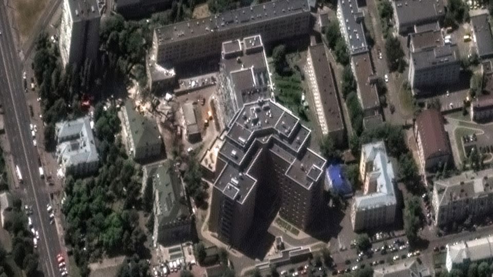 Closer view of damage to Okhmatdyt hospital in Kyiv, Ukraine, on July 9. - © 2024 Maxar Technologies