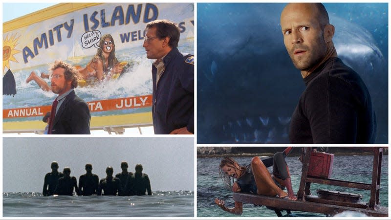 Clockwise from top left: Jaws (Universal Pictures), The Meg (Warner Bros. Pictures), The Shallows (Sony Pictures), Shock Waves (Blue Underground)
