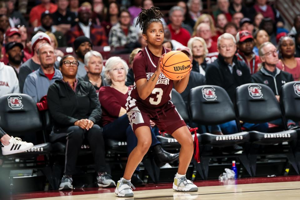 Jan 7, 2024; Columbia, South Carolina, USA; Mississippi State Bulldogs guard Lauren Park-Lane (3) attempts a three point basket against the South Carolina Gamecocks in the second half at Colonial Life Arena. Mandatory Credit: Jeff Blake-USA TODAY Sports
