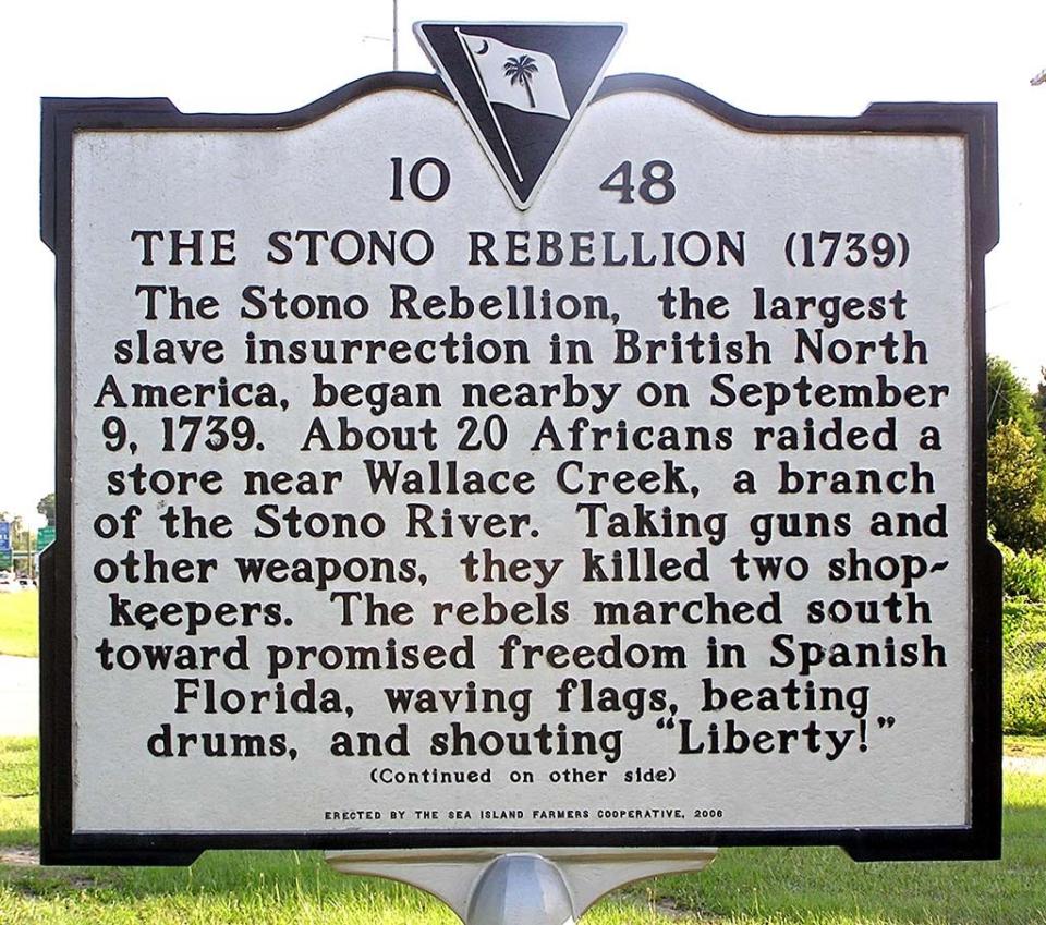 The Stono Rebellion took place in 1739, about 20 miles southwest of Charleston, South Carolina.