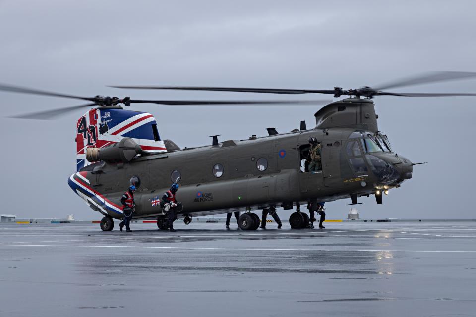 A U.K. Royal Air Force Chinook helicopter on the flight deck of the aircraft carrier HMS <em>Prince Of Wales</em>. <em>Crown Copyright</em>