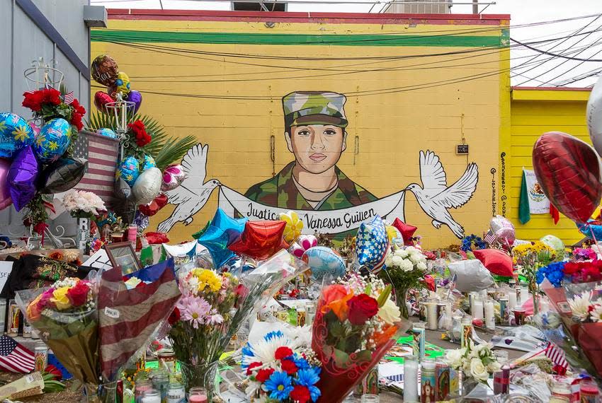 People gathered at a mural and memorial honoring Army Specialist Vanessa Guillén at Taqueria del Sol on Sunday, July 5, 2020.