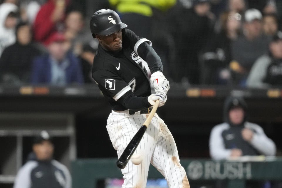 Chicago White Sox's Tim Anderson hits an RBI single off Cleveland Guardians relief pitcher Eli Morgan during the sixth inning of a baseball game Wednesday, May 17, 2023, in Chicago. (AP Photo/Charles Rex Arbogast)