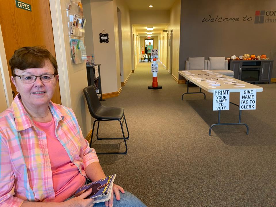 Patti Lutsbaugh sat alone in the lobby on election day morning, Nov. 7, at Cornerstone Church of Christ in Hamilton Township.