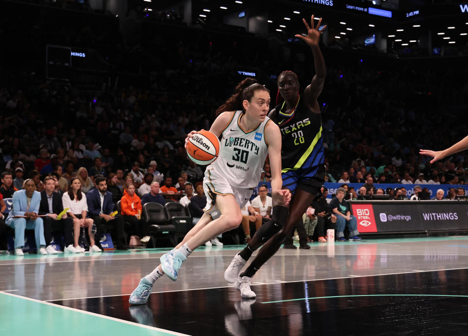 Breanna Stewart of the New York Liberty is leading the charge in creating a new offseason basketball league, Unrivaled, for WNBA players. (Photo by Al Bello/Getty Images)