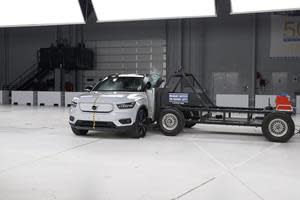 The all-electric 2021 Volvo XC40 Recharge in the IIHS 31-mph side crash test. The XC40 Recharge earns good ratings in six crashworthiness tests and qualifies for a TOP SAFETY PICK+ award.