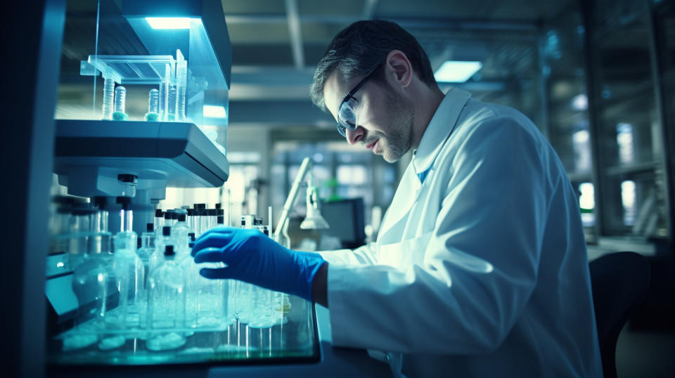 A laboratory scientist testing a small molecule modulator as a potential immune-oncology therapy.