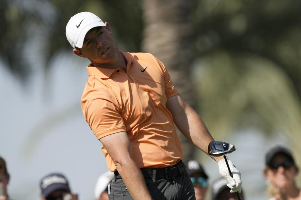 Rory McIlroy of Northern Ireland reacts on the 7th hole during the final round of Dubai Invitational golf tournament, in Dubai, United Arab Emirates, Sunday, Jan. 14, 2024. (AP Photo/Kamran Jebreili)