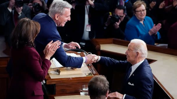 PHOTO: President Joe Biden arrives and shakes hands with House Speaker Kevin McCarthy of Calif., before he delivers his State of the Union speech to a joint session of Congress, at the Capitol in Washington, Feb. 7, 2023. (J. Scott Applewhite/AP)